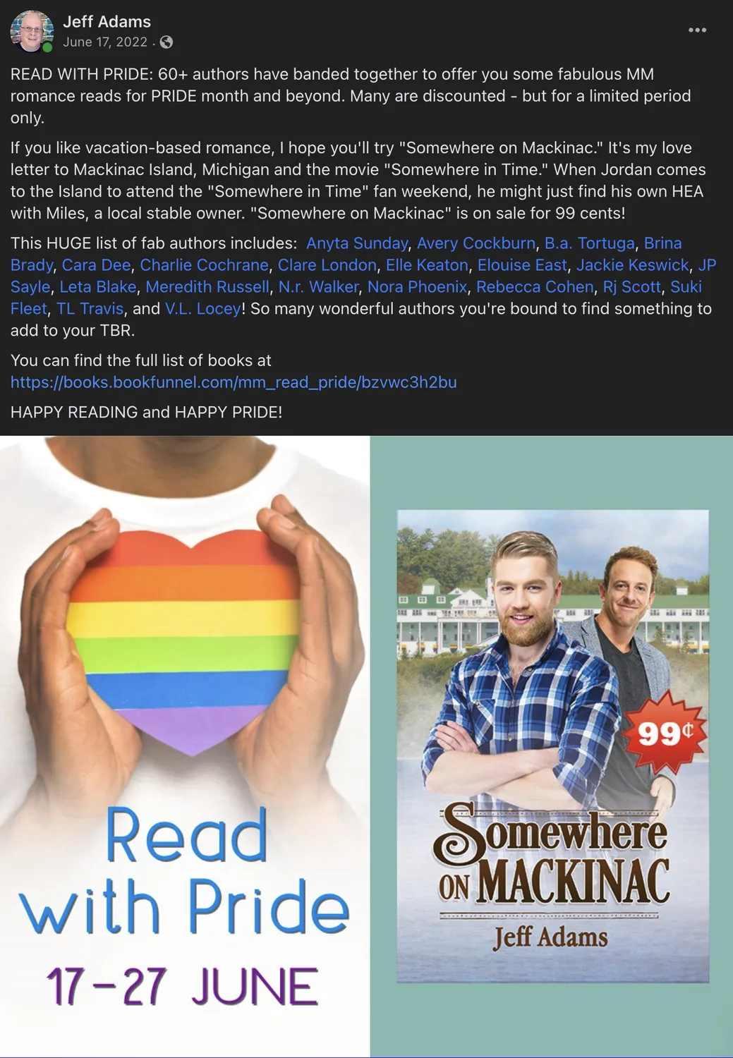 Facebook post from Jeff from June 2022 detailing an author promotion. It includes the text of the post as well as the image that was part of the post. Text on this page indicates more about this and the example it illustrates.