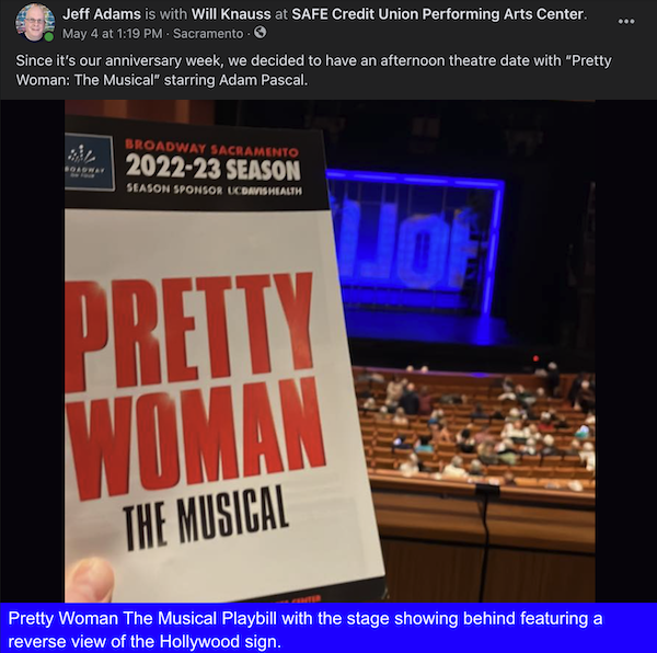 Jeff's Facebook post about Pretty Woman the Musical, complete with Social Media Alt Text displaying. The article has more details on the image.